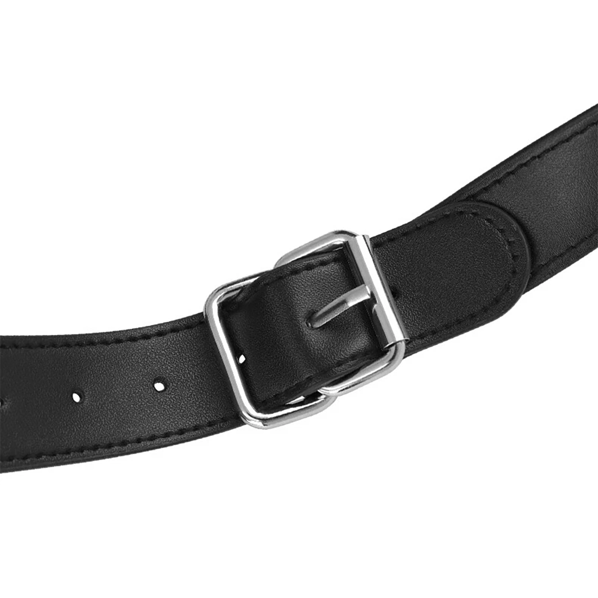 Detail of metal buckle on PU leather mouth gag straps