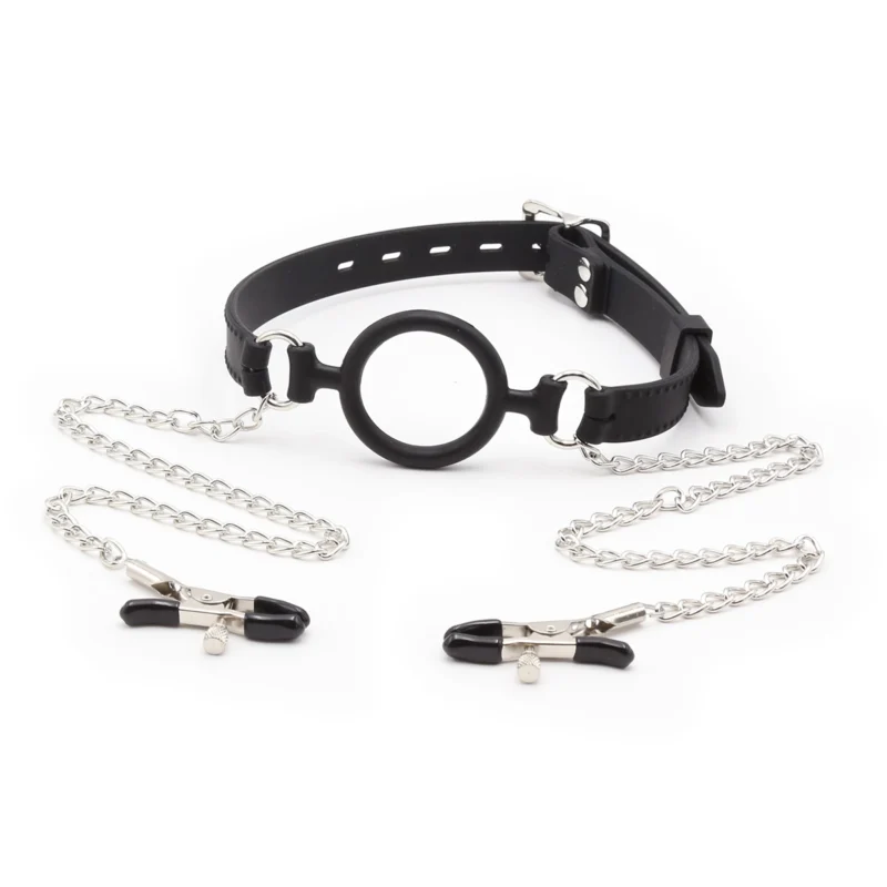 Front view of silicone O-ring mouth gag with nipple clamps and connected chain