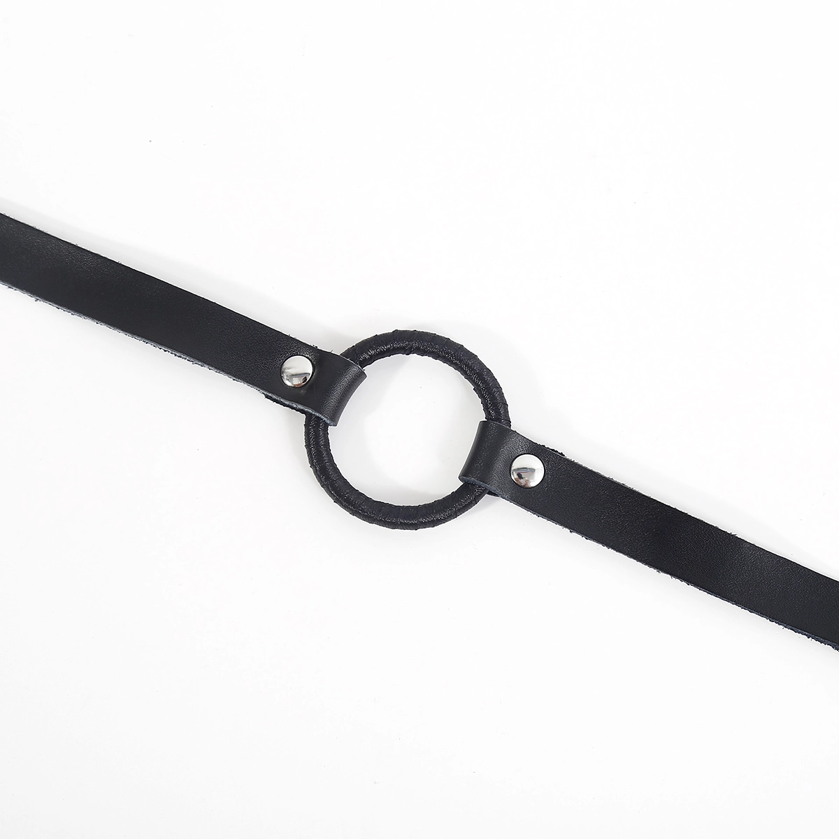 Silk-wrapped O-ring mouth gag connected to genuine leather straps