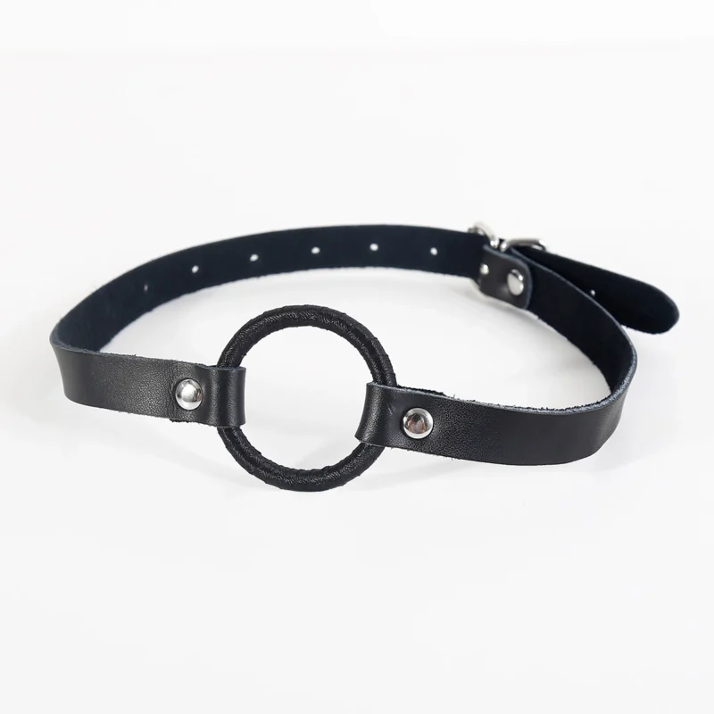 Front view of silk-wrapped O-ring mouth gag with attached leather straps