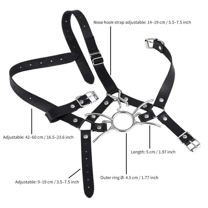 Flat lay of Spider Gag showing metal spider ring and full-head PU strap dimensions