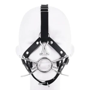 Front view of Spider Gag on wearer highlighting mouth restraint and nose hook