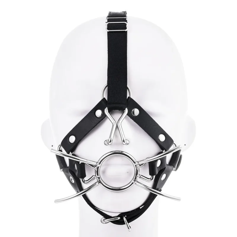 Front view of Spider Gag on wearer highlighting mouth restraint and nose hook