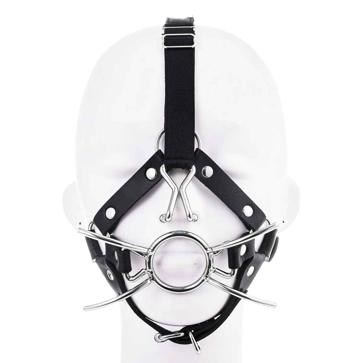 Front view of Spider Gag on wearer highlighting mouth restraint and nose hook