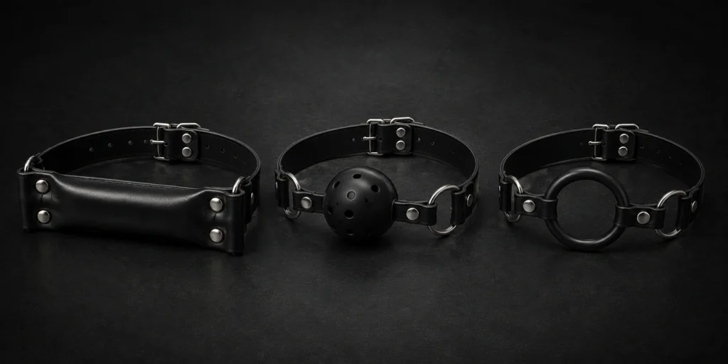 Three types of black BDSM gags including panel, ball, and O-ring gags